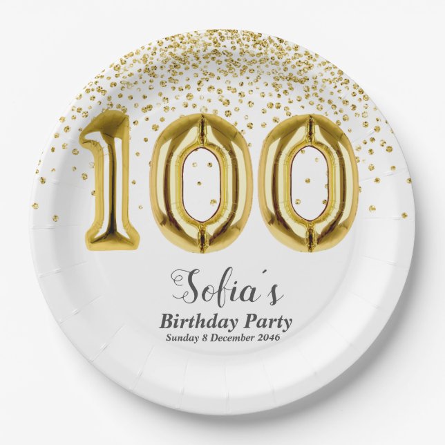 glitter gold , golden sparkle 100th birthday paper plate (Front)