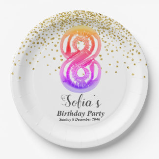 glitter gold , golden sparkle 8th birthday paper plate