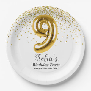 glitter gold , golden sparkle 9th birthday paper plate