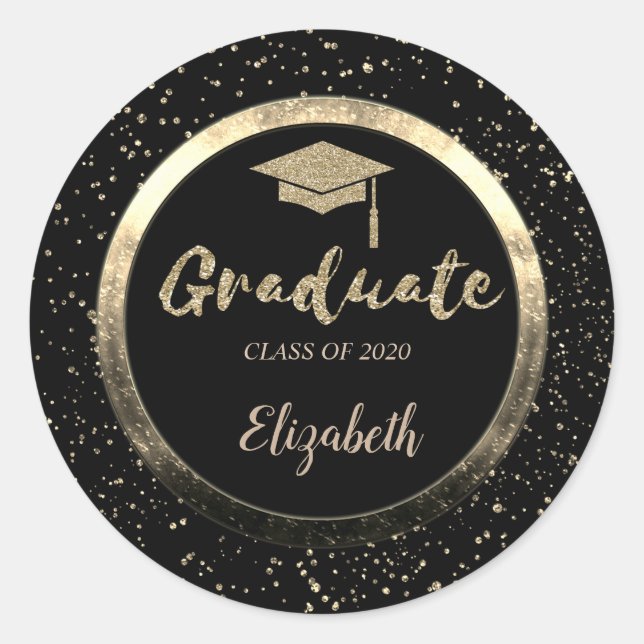 Glitter Gold Grad Cap,Confetti,Black Classic Round Sticker (Front)