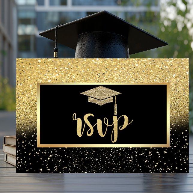Glitter Gold Grad Cap, Confetti  Graduation Party RSVP Card (Creator Uploaded)