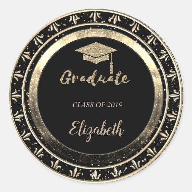 Glitter Gold Grad Cap,Confetti  - Personalized Classic Round Sticker (Front)