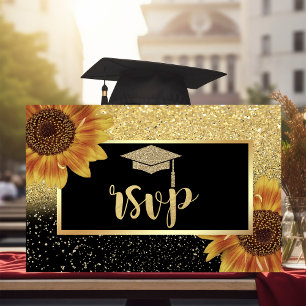 Glitter Gold Grad Cap, Sunflowers Graduation Party RSVP Card