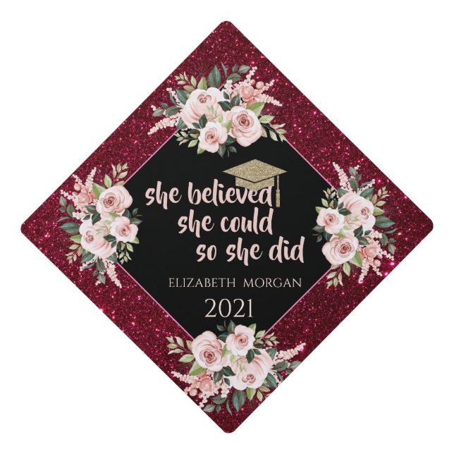 Glitter Gold Graduate Cap, Floral Red Graduation Cap Topper (Front)