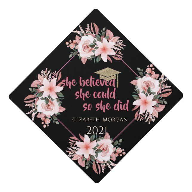 Glitter Gold Graduate Cap, Flowers Graduation Cap Topper (Front)