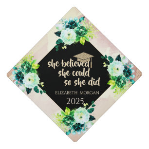 Glitter Gold Graduate Cap,Green Flowers Graduation Cap Topper