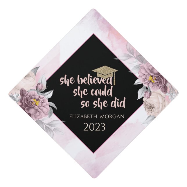 Glitter Gold Graduate Cap,Pink Roses  Graduation Cap Topper (Front)