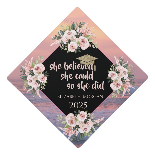 Glitter Gold Graduate Cap, Roses Floral Ocean Graduation Cap Topper (Front)