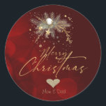 Glitter Gold Heart, Christmas Ornaments Branch Red Classic Round Sticker<br><div class="desc">Elegant glitter faux gold heart and Christmas balls on red background.</div>
