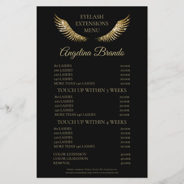 Glitter Gold Lashes Eyelash Extensions Price List Flyer (Front)