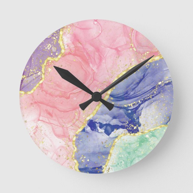 Glitter Gold Marble Pastel Colours  Round Clock (Front)