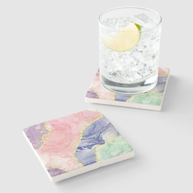 Glitter Gold Marble Pastel Colours Stone Coaster (Side)