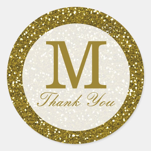 Glitter Gold Monogram Thank You Classic Round Sticker (Front)