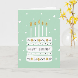 Glitter Gold Pastel Birthday Cake Illustration Card