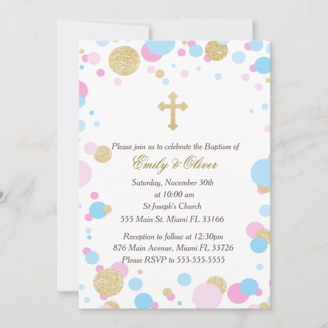 Glitter Gold Pink Blue Twins Baptism Invitation (Front)