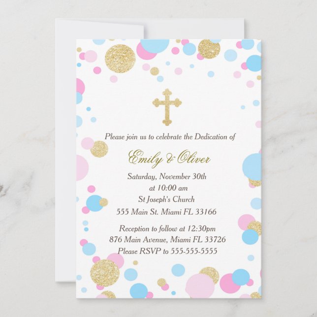 Glitter Gold Pink Blue Twins Dedication Invitation (Front)