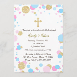 Glitter Gold Pink Blue Twins Dedication Invitation