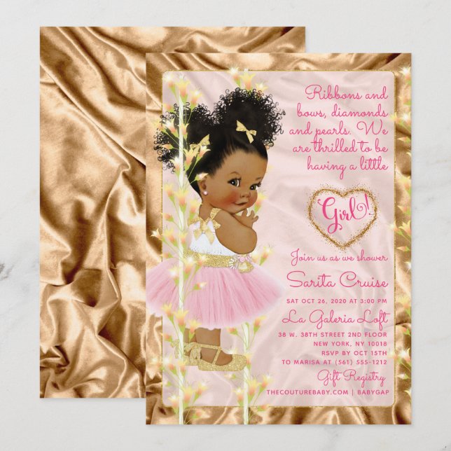 Glitter Gold & Pink Girl Baby Shower Ethnic Invitation (Front/Back)