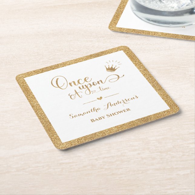 Glitter Gold Princess Once Upon A Time Baby Shower Square Paper Coaster (Angled)