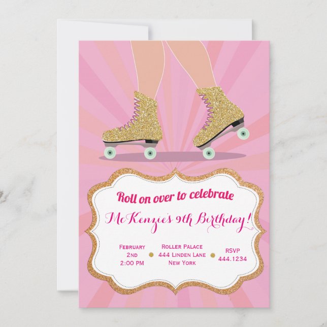 Glitter Gold Roller Skate Birthday Invitations (Front)