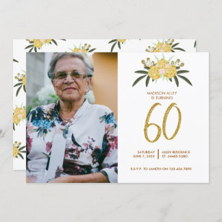 Glitter Gold Rose & Botanical Leaves 60th Birthday Invitation