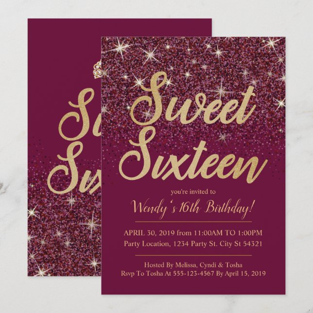 Glitter & Gold, Ruby Sweet 16 Birthday Invitations (Front/Back)