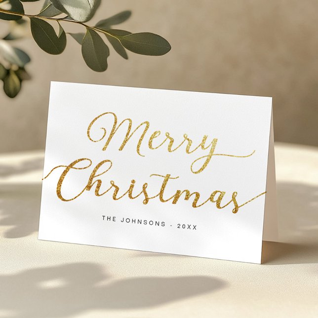 Glitter Gold Script Merry Christmas Holiday Card (Simple Gold Christmas Card)