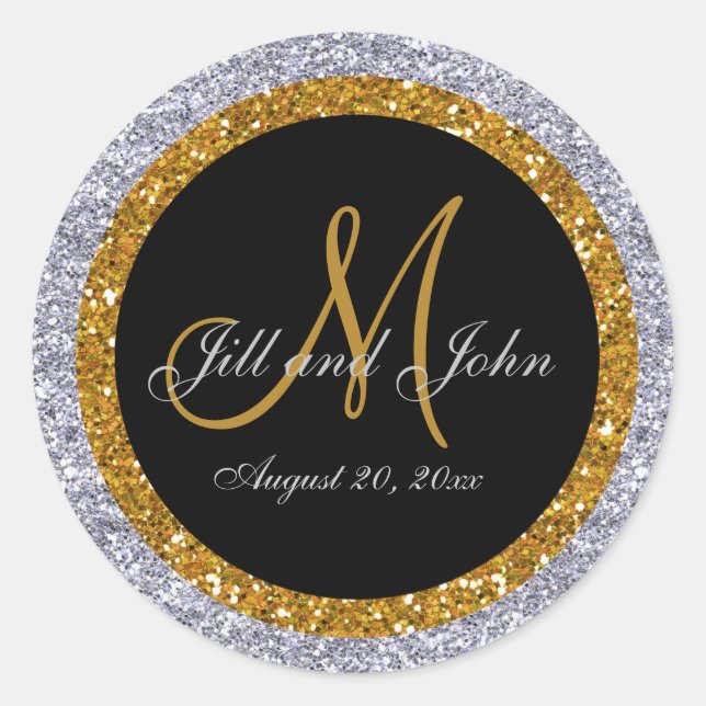 Glitter Gold Silver Wedding Monogram Seals Sticker (Front)
