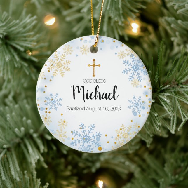 GLITTER Gold Snowflake Baptism Ornament God Bless (Tree)