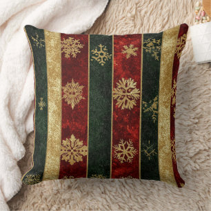 Glitter Gold Snowflakes on Red & Green Striped (2) Throw Pillow