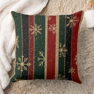 Glitter Gold Snowflakes on Red & Green Striped (3) Throw Pillow