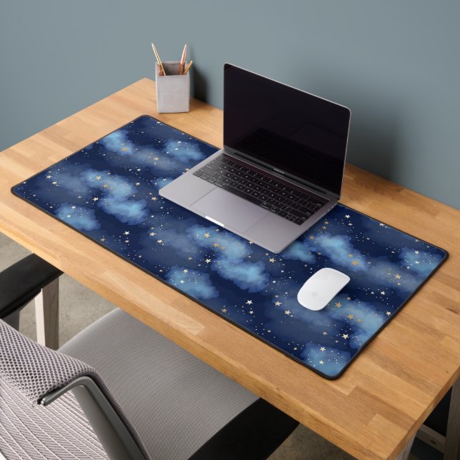 Glitter Gold Stars Dark Blue Sky Pattern Desk Mat (Office 2)