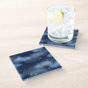 Glitter Gold Stars Dark Blue Sky Pattern Glass Coaster