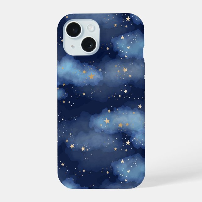 Glitter Gold Stars Dark Blue Sky Pattern iPhone 15 Case (Back)