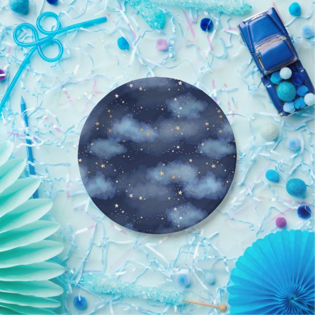 Glitter Gold Stars Dark Blue Sky Pattern Paper Plate (Party)