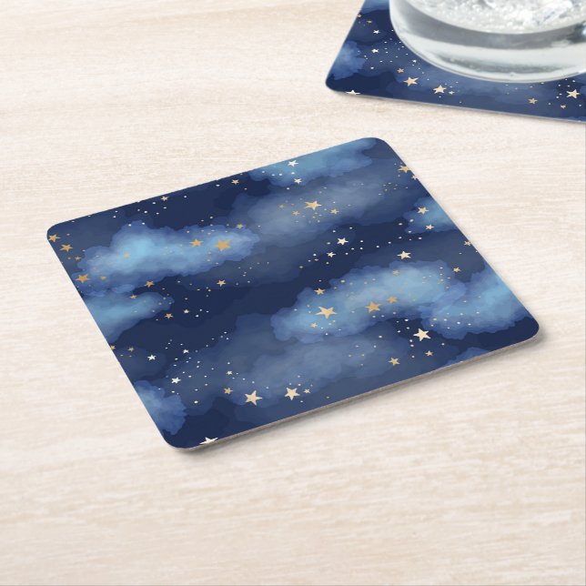 Glitter Gold Stars Dark Blue Sky Pattern Square Paper Coaster (Angled)