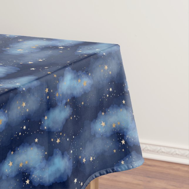 Glitter Gold Stars Dark Blue Sky Pattern Tablecloth (In Situ)