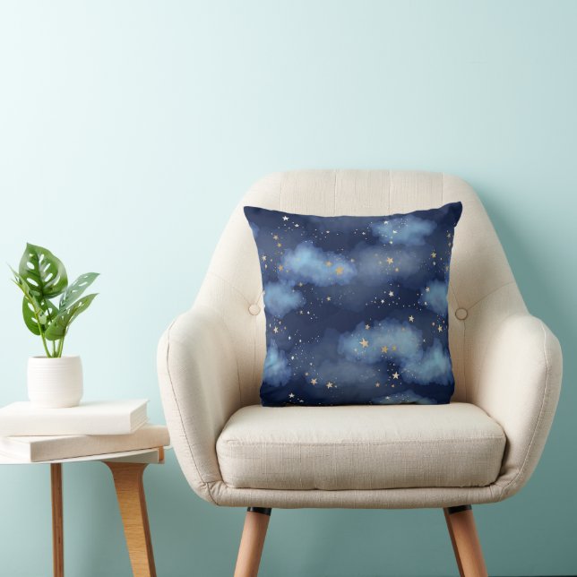 Glitter Gold Stars Dark Blue Sky Pattern Throw Pillow (Chair)