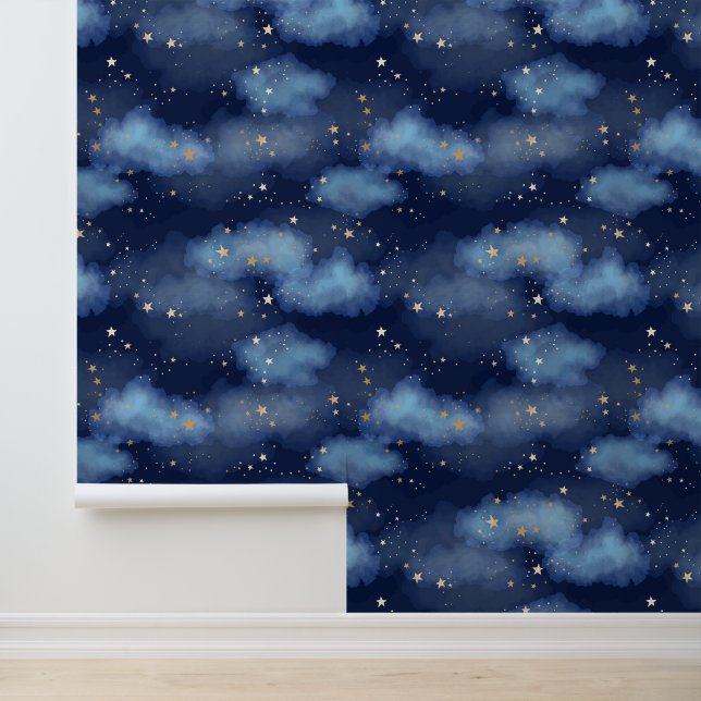 Glitter Gold Stars Dark Blue Sky Pattern Wallpaper (Application)