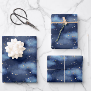 Glitter Gold Stars Dark Blue Sky Pattern Wrapping Paper Sheet
