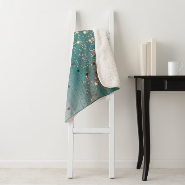 Glitter Gold Stars on Teal  Sherpa Blanket (In Situ)