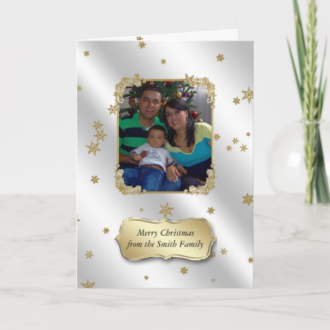 Glitter Gold Stars Photo Christmas Greeting Card (Front)