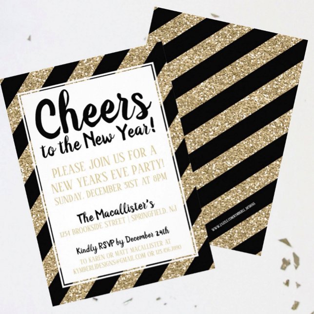 Glitter Gold Stripe Cheers to the New Year! Invitation (Creator Uploaded)