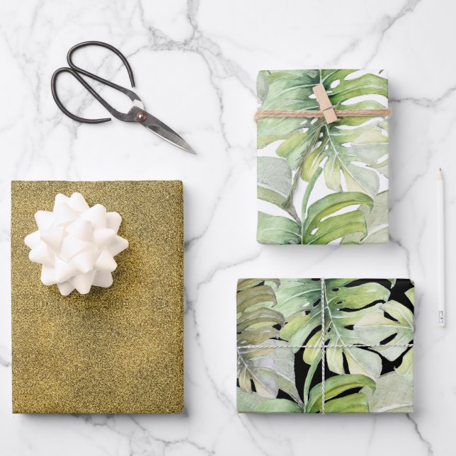 Glitter Gold Tropical Monstera Watercolor Pattern Wrapping Paper Sheet (Front)