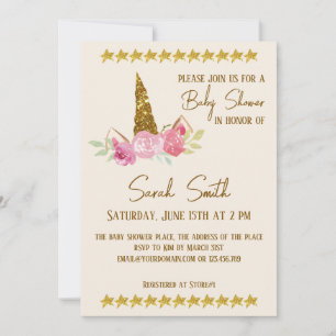 Glitter Gold Unicorn Roses Girl Baby Shower Invitation