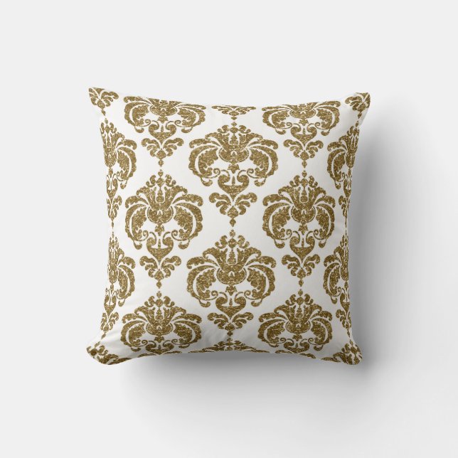Glitter Gold & White Damask Chic Modern Pattern Throw Pillow (Front)