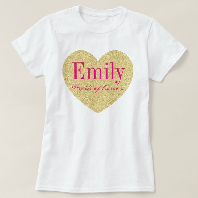 Glitter Golden Heart Personalized Maid of honour T-Shirt (Design Front)