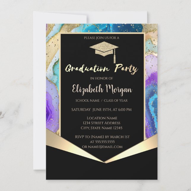 Glitter Grad Cap,Colourful Marble Graduation Invitation (Front)