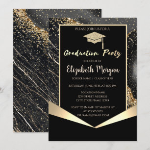 Glitter Grad Cap,Confetti Black Marble Graduation  Invitation