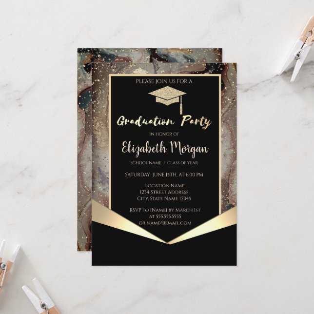 Glitter Grad Cap,Confetti Brown Marble Graduation Invitation (Front/Back In Situ)